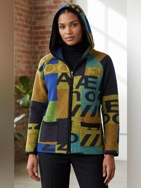 Elena Wang Graphic Abstract Alphabet Zip Front Hooded Cardigan Jacket Size Med